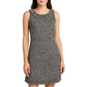 SARAH CAMPBELL Tweed Multicolor Round neck Sleeveless Fringe trim Shift dress